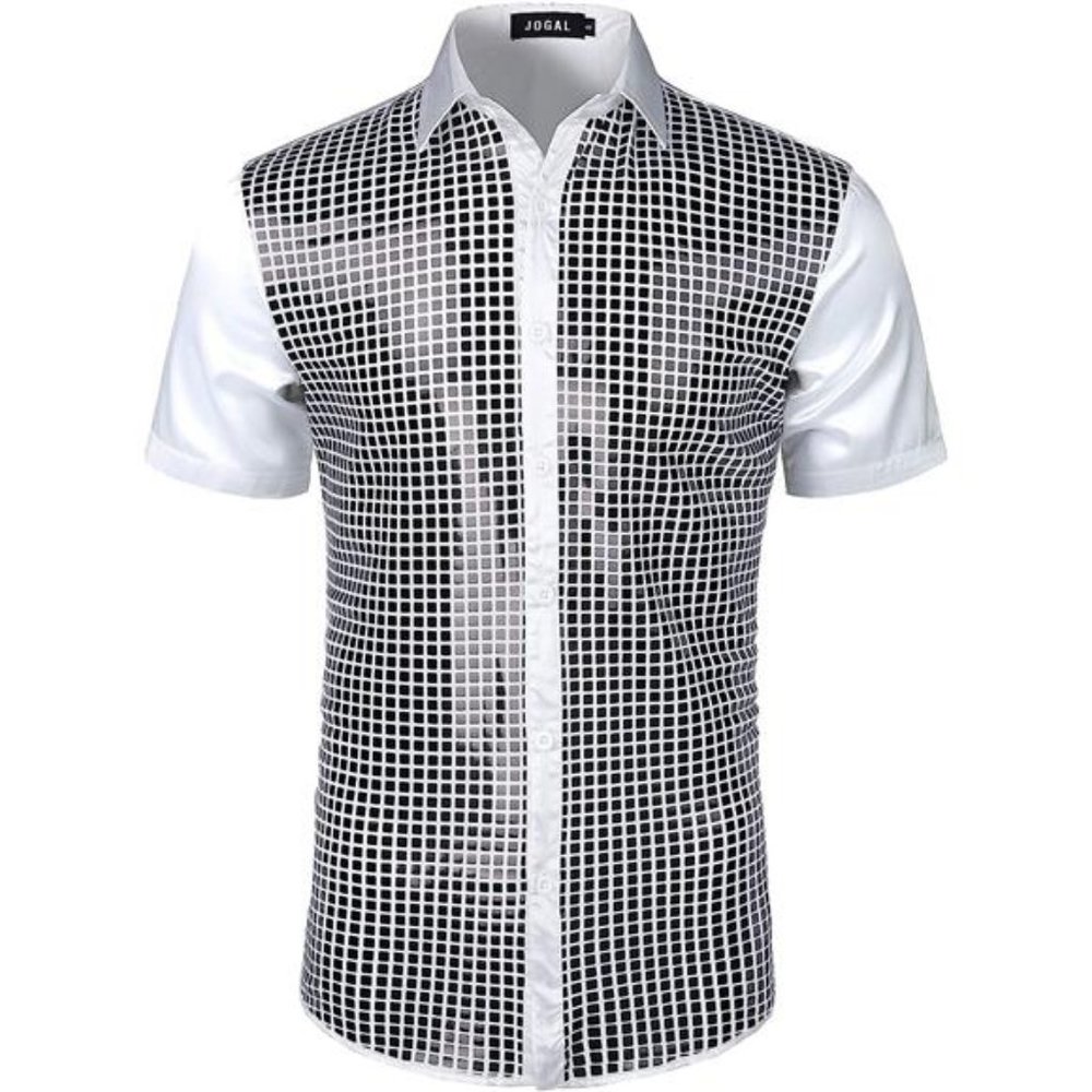70s Disco Costume Silver Sequins Short Sleeve Button Down Shirts, White Black